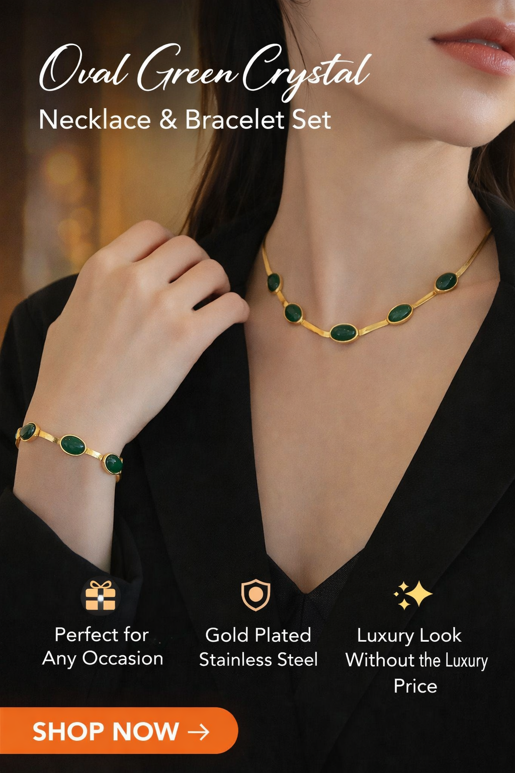 ✨ Oval Green Crystal Pendant Necklace Set With Bracelet